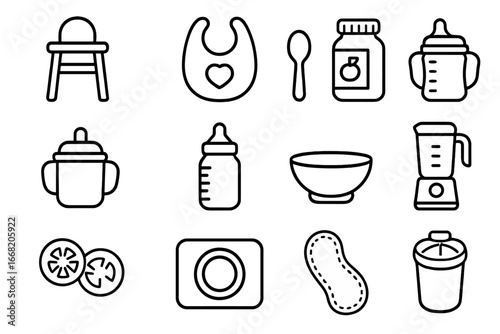 Baby Feeding Time Icons. Outline icon set of baby feeding time: high chair, bib, spoon, baby food jar, sippy