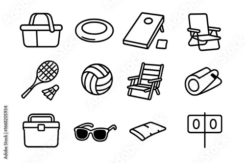 Backyard Fun Icons. Outline icon set of backyard fun essentials: picnic basket, frisbee, cornhole board, bean