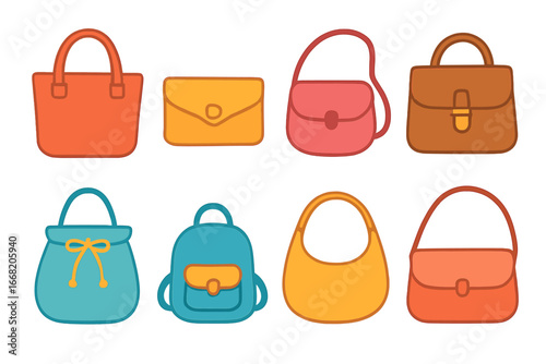 Trendy Handbag Illustrations. Flat vector mini-illustrations Trendy handbags in colors children's