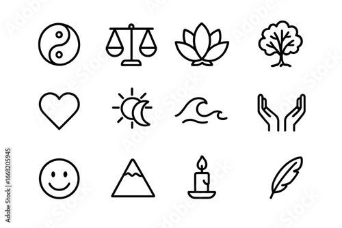 Balance Icon Set. Outline icon set of balance for success: yin-yang, scale, lotus flower, tree, heart, sun and
