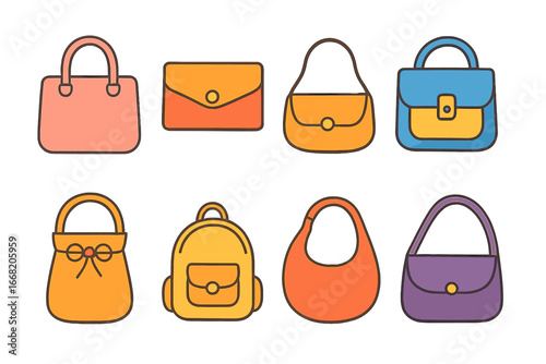 Trendy Handbag Illustrations. Flat vector mini-illustrations Trendy handbags in colors children's