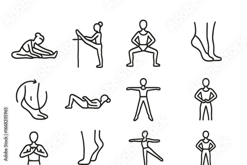Ballet Warm-Up Icons. Outline icon set of ballet warm-up: floor stretches, barre stretches, plié practice,