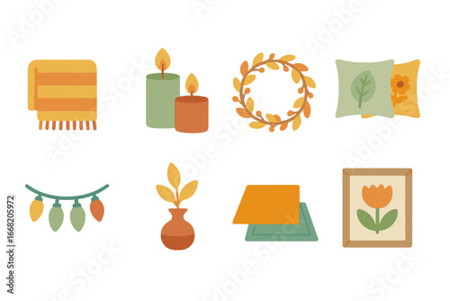 Seasonal Decor Icons. Flat vector mini-illustrations Seasonal decor changes in colors children's illustrations