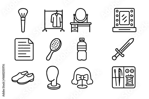 Backstage Icon Set. Outline icon set of actor preparation backstage: makeup brush, costume rack, dressing