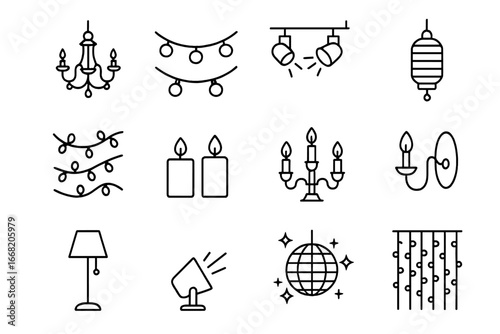 Ballroom Lighting Icons. Outline icon set of ballroom lighting decor: chandeliers, string lights, spotlights,