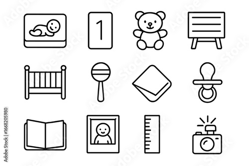 Baby Milestone Icons. Outline icon set of baby milestone photography: baby photo, month card, soft toy,