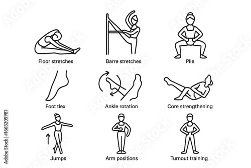 Ballet Warm-Up Icons. Outline icon set of ballet warm-up: floor stretches, barre stretches, plié practice,