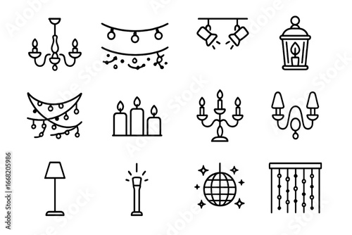 Ballroom Lighting Icons. Outline icon set of ballroom lighting decor: chandeliers, string lights, spotlights,