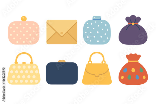 Luxury Bags Grid. Flat vector mini-illustrations Luxury evening bags in colors children's illustrations: