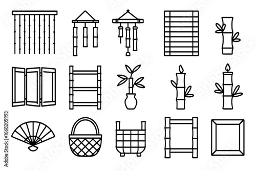 Bamboo Decor Icon Set. Outline icon set of bamboo decorative elements: curtain, wall hanging, wind chime,