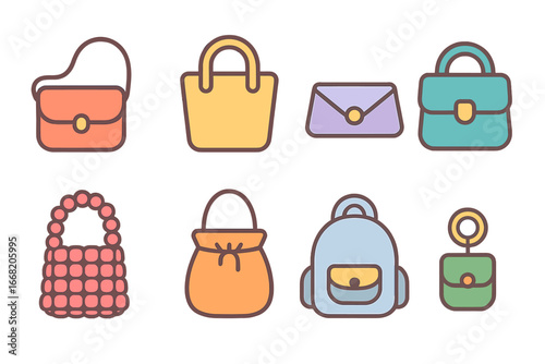 Colorful Mini Bags. Flat vector mini-illustrations Mini bags trend in colors children's illustrations: micro