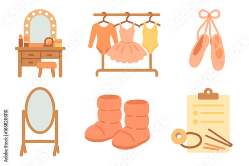 Ballet Backstage Icons. Flat vector mini-illustrations Backstage ballet preparations in colors children's