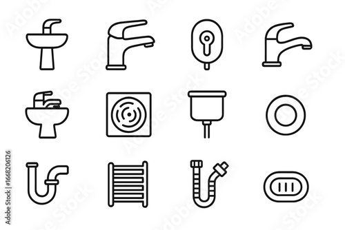 Bathroom Plumbing Icons. Outline icon set of bathroom plumbing: sink basin, mixer tap, shower mixer, bathtub