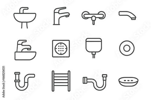 Bathroom Plumbing Icons. Outline icon set of bathroom plumbing: sink basin, mixer tap, shower mixer, bathtub