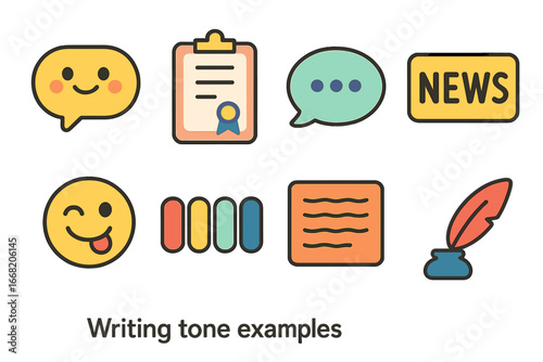 Tone Icons Display. Flat vector mini-illustrations Writing tone examples in colors children's illustrations: