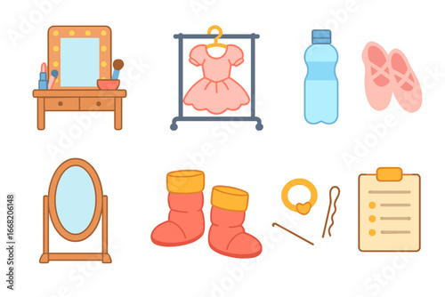 Ballet Backstage Icons. Flat vector mini-illustrations Backstage ballet preparations in colors children's