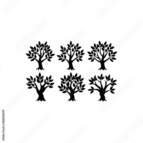 6 different olive tree silhouette vector icons set