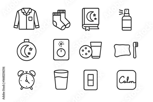 Bedtime Routine Icons. Outline icon set of bedtime routine tools: pajamas, warm socks, bedtime book, pillow