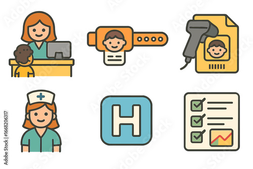 Children's Hospital Workflow. Flat vector mini-illustrations Patient identification workflow in colors