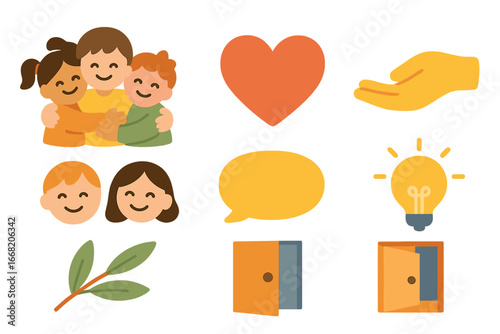 Children's Support Icons. Flat vector mini-illustrations Emotional support network in colors children's