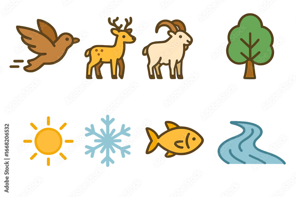 Fototapeta premium Migrating Wildlife Illustrations. Flat vector mini-illustrations Habitat shifts due to temperature in colors