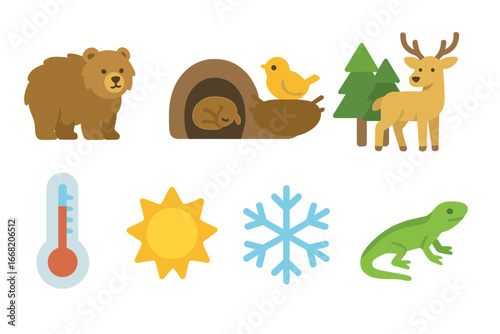 Wildlife Adaptations Grid. Flat vector mini-illustrations Wildlife adaptation to temperature changes in colors