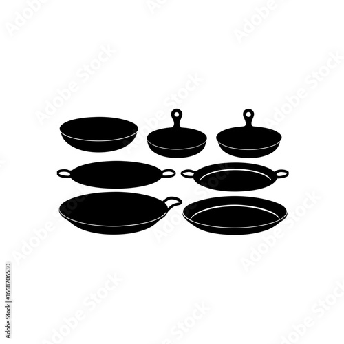 7 different paella pan silhouette vector icons set