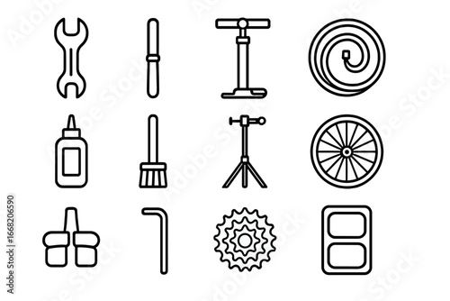 Bike Maintenance Icons. Outline icon set of country road bike maintenance: wrench, screwdriver, tire pump,