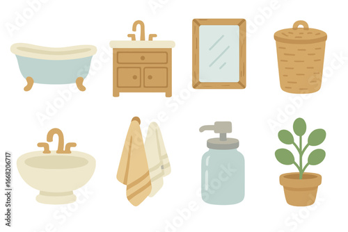 Farmhouse Bathroom Icons. Flat vector mini-illustrations Farmhouse bathroom design in colors children's