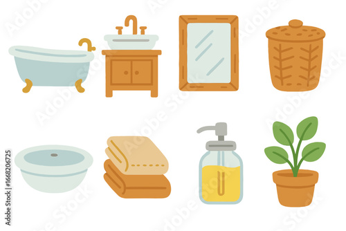 Farmhouse Bathroom Icons. Flat vector mini-illustrations Farmhouse bathroom design in colors children's