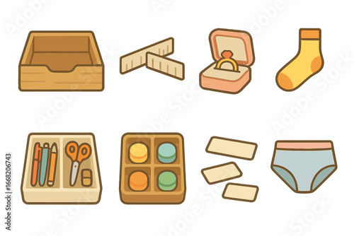 Drawer Divider Icons. Flat vector mini-illustrations Using drawer dividers to organize small items in colors