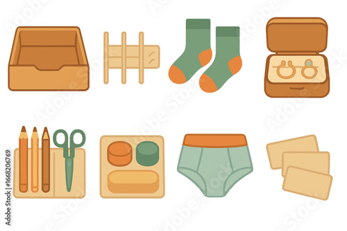 Drawer Divider Icons. Flat vector mini-illustrations Using drawer dividers to organize small items in colors