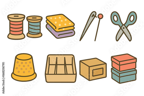 Sewing Tools Grid. Flat vector mini-illustrations Sewing drawer dividers in colors children's illustrations: