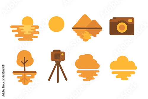 Lake Sunset Icons. Flat vector mini-illustrations Lake sunset reflections in colors children's illustrations: