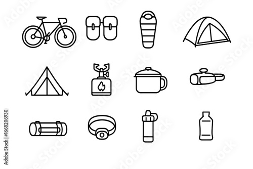 Bikepacking Icon Set. Outline icon set of bikepacking trips: touring bike, panniers, sleeping bag, tent, camp
