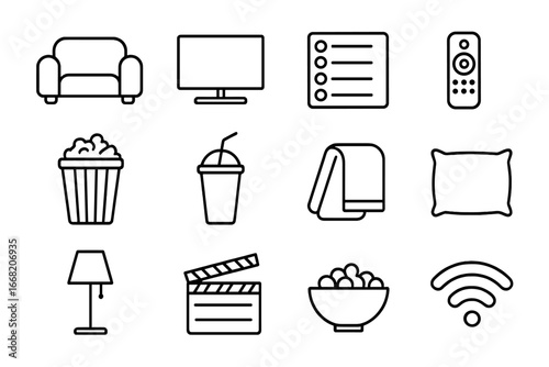 Binge-Watching Icon Set. Outline icon set of binge-watching series: couch, TV screen, episode list, remote