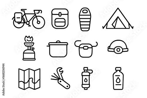 Bikepacking Icon Set. Outline icon set of bikepacking trips: touring bike, panniers, sleeping bag, tent, camp