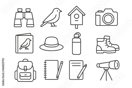 Birdwatching Icon Set. Outline icon set of birdwatching: binoculars, bird silhouette, birdhouse, camera, field