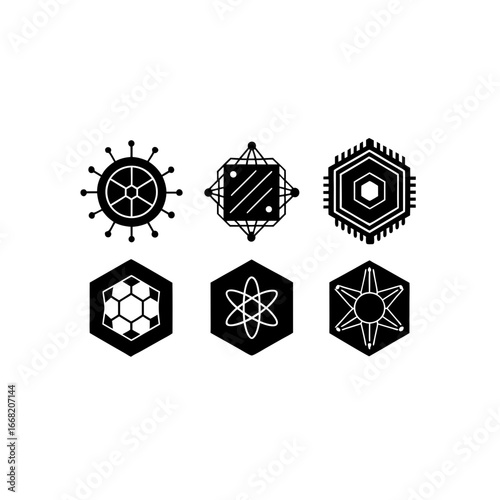 6 different quantum computer core silhouette vecto