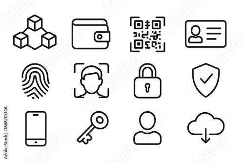 Blockchain Identity Icons. Outline icon set of blockchain-based identity: blockchain network, crypto wallet,
