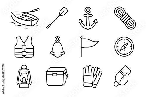 Boating Icon Set. Outline icon set of boating on river: rowing boat, paddle, anchor, rope, life jacket, buoy,