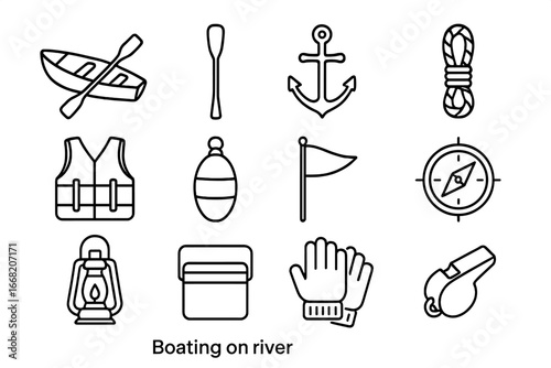 Boating Icon Set. Outline icon set of boating on river: rowing boat, paddle, anchor, rope, life jacket, buoy,