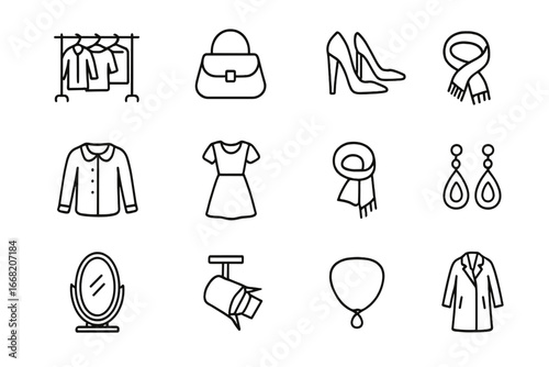 Blogger Boutique Icons. Outline icon set of blogger boutique visit: clothing rack, handbag, heels, blouse,