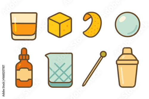 Whiskey Cocktail Icons. Flat vector mini-illustrations Whiskey-based craft cocktails in colors children's