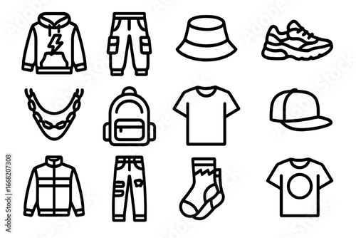 Bold Streetwear Icons. Outline icon set of bold streetwear fashion: graphic hoodies, cargo pants, bucket hats,