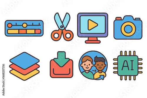 Colorful Video Editing Icons. Flat vector mini-illustrations Video manipulation tools in colors children's