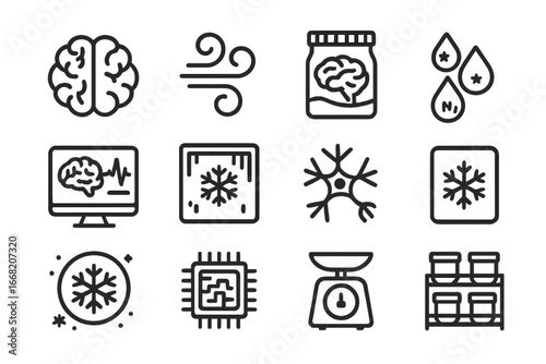 Brain Cryopreservation Icons. Outline icon set of brain cryopreservation: human brain icon, cold mist swirl,