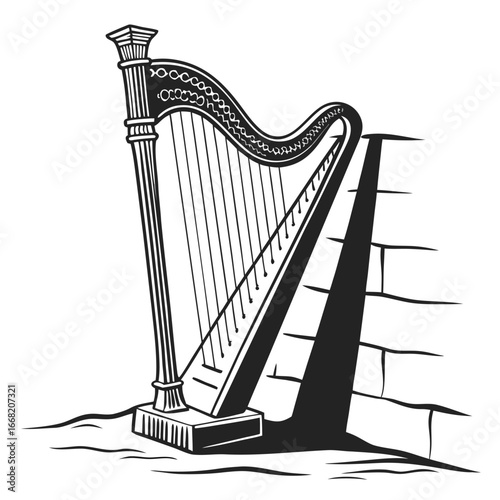Ancient harp leaning on wall silhouette