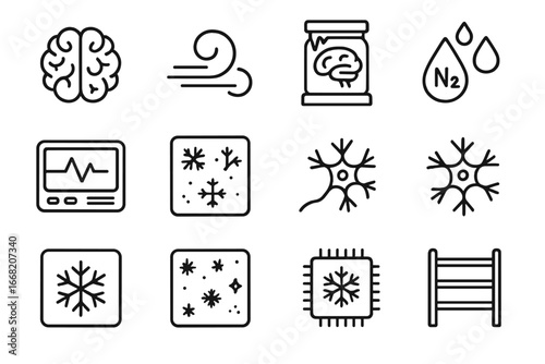 Brain Cryopreservation Icons. Outline icon set of brain cryopreservation: human brain icon, cold mist swirl,