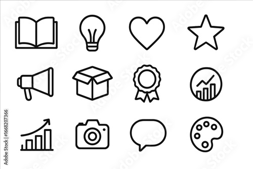 Brand Storytelling Icons. Outline icon set of brand storytelling: open book, light bulb, heart, star,